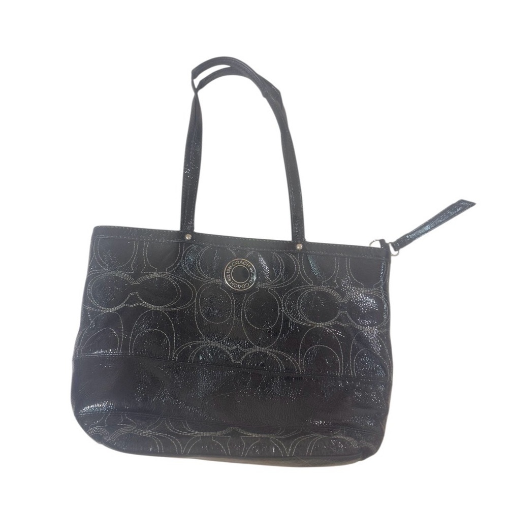 COACH BLACK PATENT leather super stitch logo TOTE PURSE BAG - Picture 6 of 13